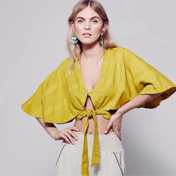 Free People Linen Crop Top Flutter Sleeves Tie Waist Women Small Yellow Boho B1 - Picture 1 of 8